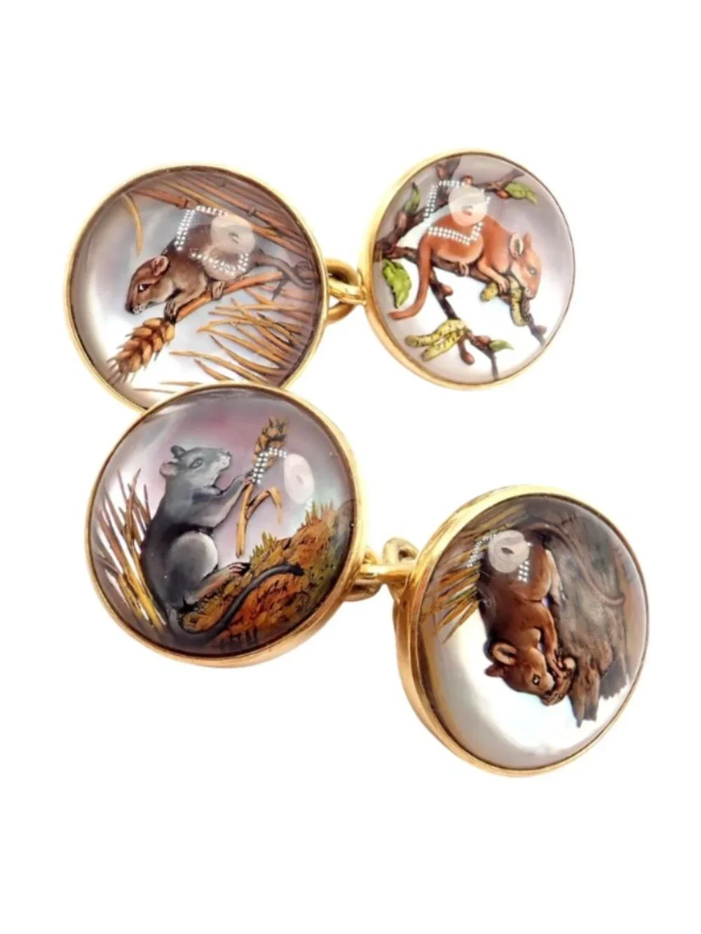Vintage Tiffany & Co 18k Yellow Gold Essex Reverse Intaglio Field Mice Cufflinks
